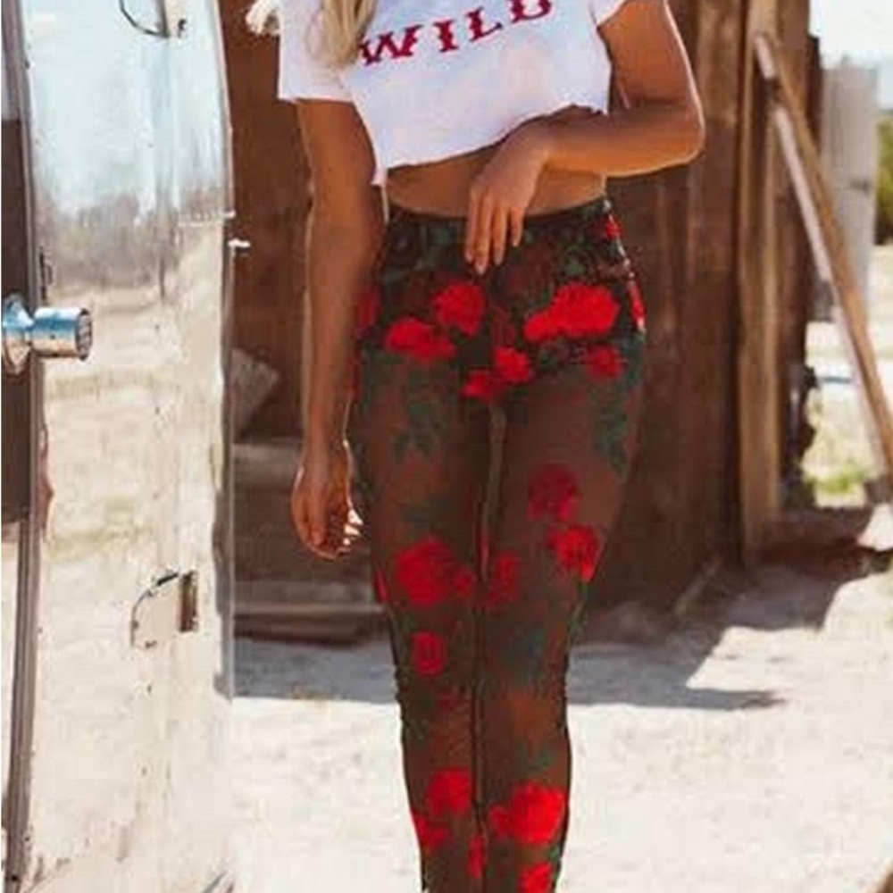 Floral Sheer Pants with Red Accents